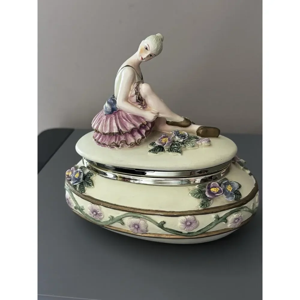 Vintage Ballerina Girl Trinket Box Jewelry Porcelain Floral Cottage Vanity MCM